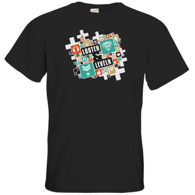Motiv: T-Shirt Premium FAIR WEAR - Looten & Leveln - Kacheln Türkis - bestimme auf Wunsch Details wie Produkt, Grösse, Farbe und Position selbst ! Motiv: T-Shirt Premium FAIR WEAR - Looten & Leveln - Kacheln Türkis