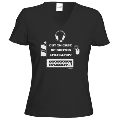 Motiv: T-Shirt Damen V-Neck Classic - Gaming Emergency - bestimme auf Wunsch Details wie Produkt, Grösse, Farbe und Position selbst ! Motiv: T-Shirt Damen V-Neck Classic - Gaming Emergency