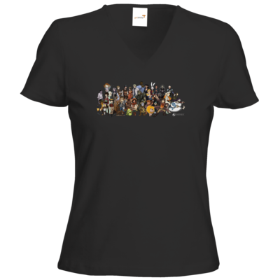 Motiv: T-Shirt Damen V-Neck Classic - Daedalic Allstars - Collage - bestimme auf Wunsch Details wie Produkt, Grösse, Farbe und Position selbst ! Motiv: T-Shirt Damen V-Neck Classic - Daedalic Allstars - Collage