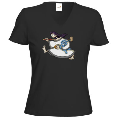 Motiv: T-Shirt Damen V-Neck Classic - Edna bricht aus - rennt weg - bestimme auf Wunsch Details wie Produkt, Grösse, Farbe und Position selbst ! Motiv: T-Shirt Damen V-Neck Classic - Edna bricht aus - rennt weg