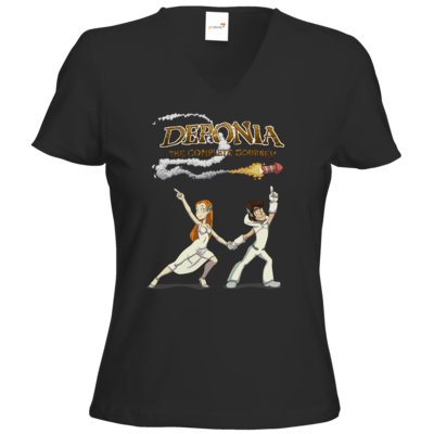 Motiv: T-Shirt Damen V-Neck Classic - Deponia - Disco Pose - bestimme auf Wunsch Details wie Produkt, Grösse, Farbe und Position selbst ! Motiv: T-Shirt Damen V-Neck Classic - Deponia - Disco Pose