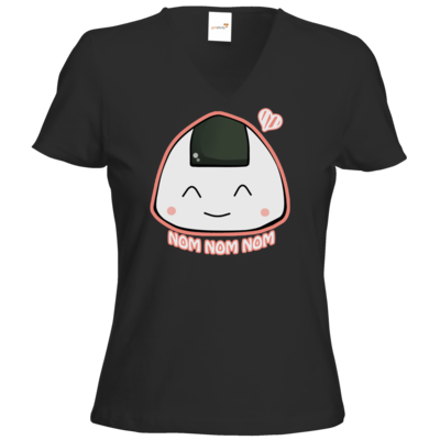 Motiv: T-Shirt Damen V-Neck Classic - NOM NOM NOM rosa - bestimme auf Wunsch Details wie Produkt, Grösse, Farbe und Position selbst ! Motiv: T-Shirt Damen V-Neck Classic - NOM NOM NOM rosa