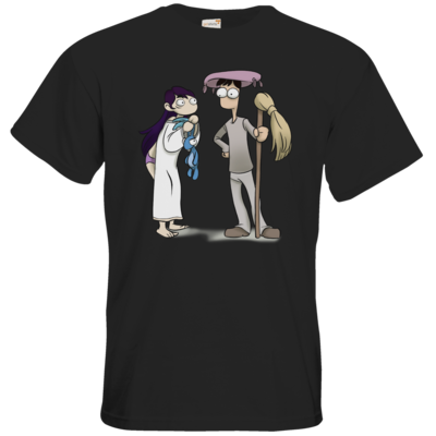 Motiv: T-Shirt Premium FAIR WEAR - Edna bricht aus - Edna und Droggelbecher - bestimme auf Wunsch Details wie Produkt, Grösse, Farbe und Position selbst ! Motiv: T-Shirt Premium FAIR WEAR - Edna bricht aus - Edna und Droggelbecher