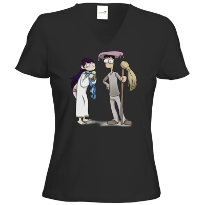 Motiv: T-Shirt Damen V-Neck Classic - Edna bricht aus - Edna und Droggelbecher - bestimme auf Wunsch Details wie Produkt, Grösse, Farbe und Position selbst ! Motiv: T-Shirt Damen V-Neck Classic - Edna bricht aus - Edna und Droggelbecher