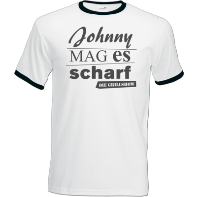Motiv: T-Shirt Ringer - Grillshow Johnny mag es scharf - bestimme auf Wunsch Details wie Produkt, Grösse, Farbe und Position selbst ! Motiv: T-Shirt Ringer - Grillshow Johnny mag es scharf