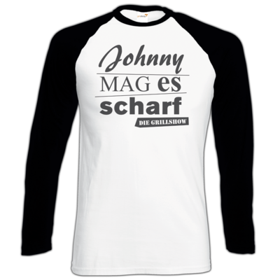 Motiv: Longsleeve Baseball T - Grillshow Johnny mag es scharf - bestimme auf Wunsch Details wie Produkt, Grösse, Farbe und Position selbst ! Motiv: Longsleeve Baseball T - Grillshow Johnny mag es scharf
