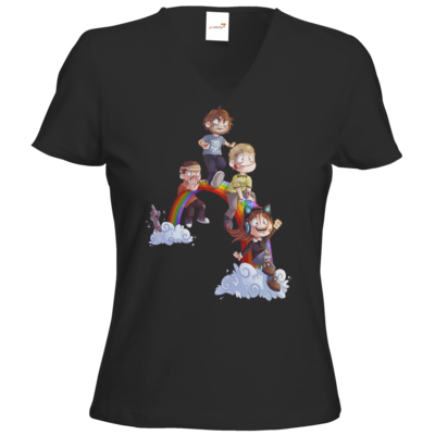 Motiv: T-Shirt Damen V-Neck Classic - Dead by Daylight - Regenbogen - bestimme auf Wunsch Details wie Produkt, Grösse, Farbe und Position selbst ! Motiv: T-Shirt Damen V-Neck Classic - Dead by Daylight - Regenbogen