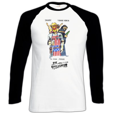 Motiv: Longsleeve Baseball T - Die Grillshow - Filmplakat - bestimme auf Wunsch Details wie Produkt, Grösse, Farbe und Position selbst ! Motiv: Longsleeve Baseball T - Die Grillshow - Filmplakat