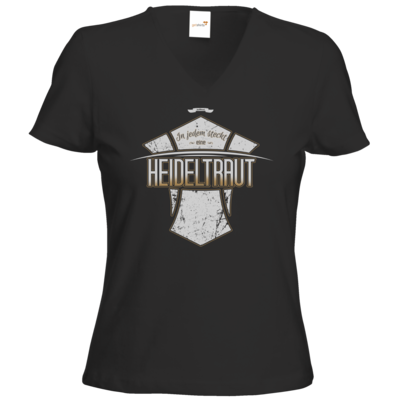 Motiv: T-Shirt Damen V-Neck Classic - Heidelwurst Merch - Heideltraut - Slogan - bestimme auf Wunsch Details wie Produkt, Grösse, Farbe und Position selbst ! Motiv: T-Shirt Damen V-Neck Classic - Heidelwurst Merch - Heideltraut - Slogan
