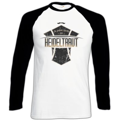Motiv: Longsleeve Baseball T - Heidelwurst Merch - Heideltraut - Slogan - bestimme auf Wunsch Details wie Produkt, Grösse, Farbe und Position selbst ! Motiv: Longsleeve Baseball T - Heidelwurst Merch - Heideltraut - Slogan