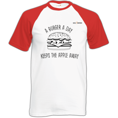 Motiv: Baseball-T FAIR WEAR - SizzleBrothers - Grillen - Burger Apple - bestimme auf Wunsch Details wie Produkt, Grösse, Farbe und Position selbst ! Motiv: Baseball-T FAIR WEAR - SizzleBrothers - Grillen - Burger Apple