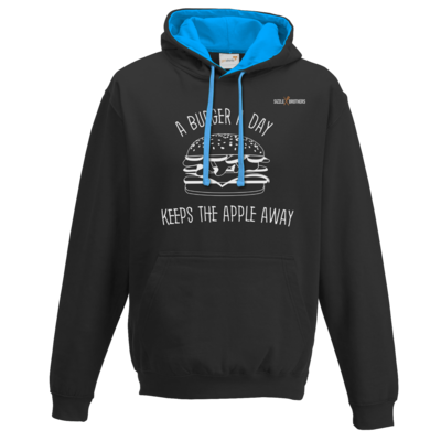 Motiv: Two-Tone Hoodie - SizzleBrothers - Grillen - Burger Apple - bestimme auf Wunsch Details wie Produkt, Grösse, Farbe und Position selbst ! Motiv: Two-Tone Hoodie - SizzleBrothers - Grillen - Burger Apple