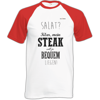 Motiv: Baseball-T FAIR WEAR - SizzleBrothers - Grillen - Salat Steak bequem - bestimme auf Wunsch Details wie Produkt, Grösse, Farbe und Position selbst ! Motiv: Baseball-T FAIR WEAR - SizzleBrothers - Grillen - Salat Steak bequem