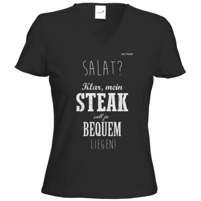 Motiv: T-Shirts Damen V-Neck FAIR WEAR - SizzleBrothers - Grillen - Salat Steak bequem - bestimme auf Wunsch Details wie Produkt, Grösse, Farbe und Position selbst ! Motiv: T-Shirts Damen V-Neck FAIR WEAR - SizzleBrothers - Grillen - Salat Steak bequem
