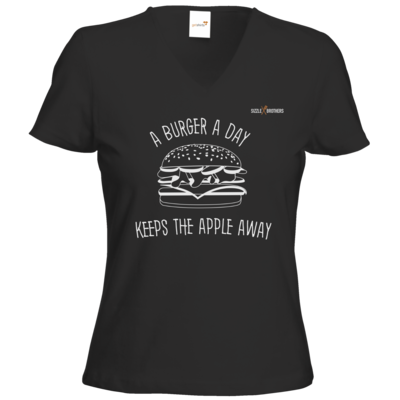 Motiv: T-Shirts Damen V-Neck FAIR WEAR - SizzleBrothers - Grillen - Burger Apple - bestimme auf Wunsch Details wie Produkt, Grösse, Farbe und Position selbst ! Motiv: T-Shirts Damen V-Neck FAIR WEAR - SizzleBrothers - Grillen - Burger Apple