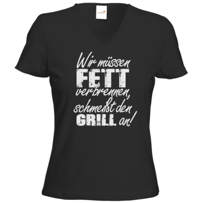 Motiv: T-Shirts Damen V-Neck FAIR WEAR - SizzleBrothers - Grillen - Fett verbrennen - bestimme auf Wunsch Details wie Produkt, Grösse, Farbe und Position selbst ! Motiv: T-Shirts Damen V-Neck FAIR WEAR - SizzleBrothers - Grillen - Fett verbrennen