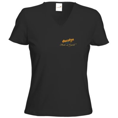 Motiv: T-Shirt Damen V-Neck Classic - Discofox FM - Musik mit Gefuehl - bestimme auf Wunsch Details wie Produkt, Grösse, Farbe und Position selbst ! Motiv: T-Shirt Damen V-Neck Classic - Discofox FM - Musik mit Gefuehl