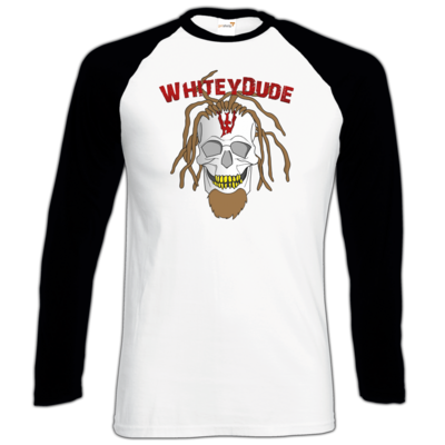 Motiv: Longsleeve Baseball T - Whitey - Pixel Skull mit Schrift - bestimme auf Wunsch Details wie Produkt, Grösse, Farbe und Position selbst ! Motiv: Longsleeve Baseball T - Whitey - Pixel Skull mit Schrift