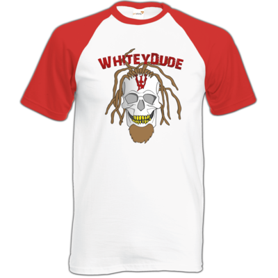 Motiv: Baseball-T FAIR WEAR - Whitey - Pixel Skull mit Schrift - bestimme auf Wunsch Details wie Produkt, Grösse, Farbe und Position selbst ! Motiv: Baseball-T FAIR WEAR - Whitey - Pixel Skull mit Schrift
