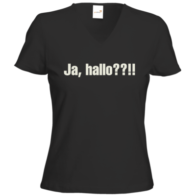 Motiv: T-Shirts Damen V-Neck FAIR WEAR - ja hallo - bestimme auf Wunsch Details wie Produkt, Grösse, Farbe und Position selbst ! Motiv: T-Shirts Damen V-Neck FAIR WEAR - ja hallo