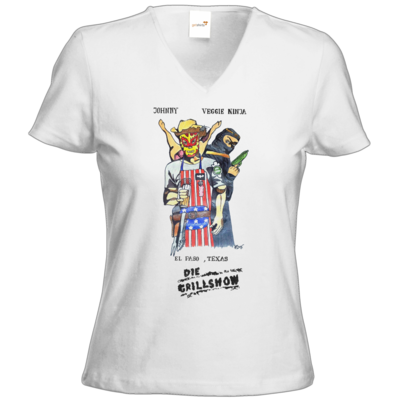 Motiv: T-Shirts Damen V-Neck FAIR WEAR - Die Grillshow - Filmplakat - bestimme auf Wunsch Details wie Produkt, Grösse, Farbe und Position selbst ! Motiv: T-Shirts Damen V-Neck FAIR WEAR - Die Grillshow - Filmplakat