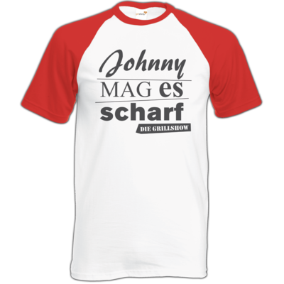 Motiv: Baseball-T FAIR WEAR - Grillshow Johnny mag es scharf - bestimme auf Wunsch Details wie Produkt, Grösse, Farbe und Position selbst ! Motiv: Baseball-T FAIR WEAR - Grillshow Johnny mag es scharf