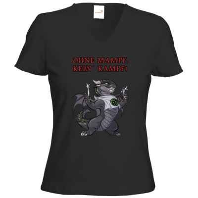 Motiv: T-Shirts Damen V-Neck FAIR WEAR - Ulisses - Ohne Mampf kein Kampf - bestimme auf Wunsch Details wie Produkt, Grösse, Farbe und Position selbst ! Motiv: T-Shirts Damen V-Neck FAIR WEAR - Ulisses - Ohne Mampf kein Kampf