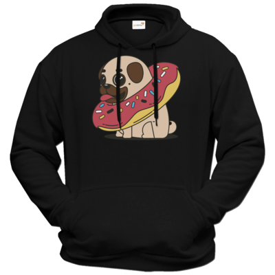 Motiv: Hoodie Premium FAIR WEAR - Mops mit Donut - bestimme auf Wunsch Details wie Produkt, Grösse, Farbe und Position selbst ! Motiv: Hoodie Premium FAIR WEAR - Mops mit Donut