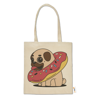 Motiv: Baumwolltasche - Mops mit Donut - bestimme auf Wunsch Details wie Produkt, Grösse, Farbe und Position selbst ! Motiv: Baumwolltasche - Mops mit Donut
