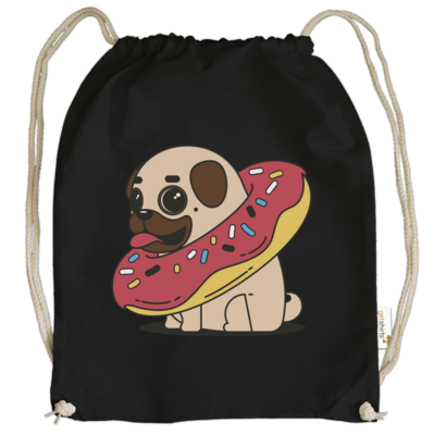 Motiv: Cotton Gymsac - Mops mit Donut - bestimme auf Wunsch Details wie Produkt, Grösse, Farbe und Position selbst ! Motiv: Cotton Gymsac - Mops mit Donut
