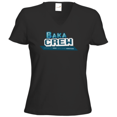 Motiv: T-Shirt Damen V-Neck Classic - BakaCrew Logo mit Claim - bestimme auf Wunsch Details wie Produkt, Grösse, Farbe und Position selbst ! Motiv: T-Shirt Damen V-Neck Classic - BakaCrew Logo mit Claim