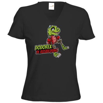 Motiv: T-Shirt Damen V-Neck Classic - Dodo-Rex in Ausbildung - bestimme auf Wunsch Details wie Produkt, Grösse, Farbe und Position selbst ! Motiv: T-Shirt Damen V-Neck Classic - Dodo-Rex in Ausbildung