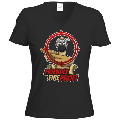 Motiv: T-Shirt Damen V-Neck Classic - Friendly Fire Profi - bestimme auf Wunsch Details wie Produkt, Grösse, Farbe und Position selbst ! Motiv: T-Shirt Damen V-Neck Classic - Friendly Fire Profi