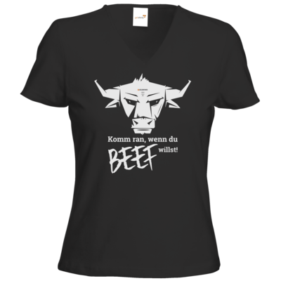 Motiv: T-Shirts Damen V-Neck FAIR WEAR - Willste Beef? - bestimme auf Wunsch Details wie Produkt, Grösse, Farbe und Position selbst ! Motiv: T-Shirts Damen V-Neck FAIR WEAR - Willste Beef?
