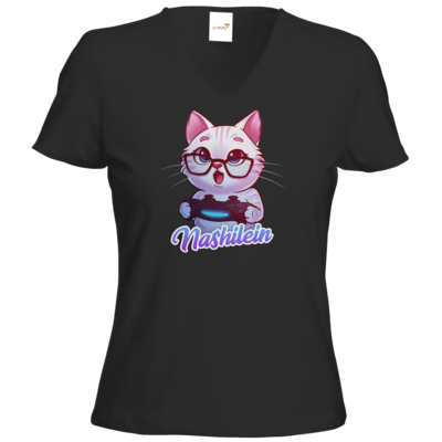 Motiv: T-Shirt Damen V-Neck Classic - Nashi Logo + Schriftzug - bestimme auf Wunsch Details wie Produkt, Grösse, Farbe und Position selbst ! Motiv: T-Shirt Damen V-Neck Classic - Nashi Logo + Schriftzug
