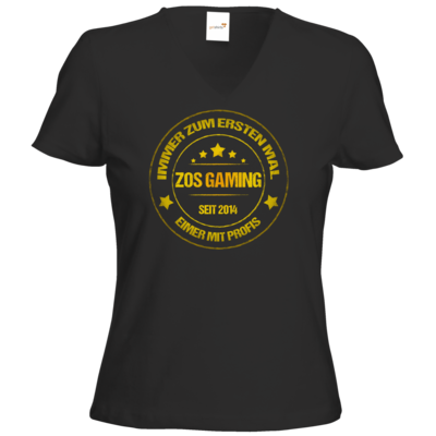 Motiv: T-Shirt Damen V-Neck Classic - ZOS Vintage GOLD - Eimer mit Profis - bestimme auf Wunsch Details wie Produkt, Grösse, Farbe und Position selbst ! Motiv: T-Shirt Damen V-Neck Classic - ZOS Vintage GOLD - Eimer mit Profis