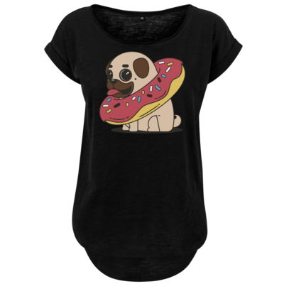 Motiv: Ladies Long Slub Tee - Mops mit Donut - bestimme auf Wunsch Details wie Produkt, Grösse, Farbe und Position selbst ! Motiv: Ladies Long Slub Tee - Mops mit Donut