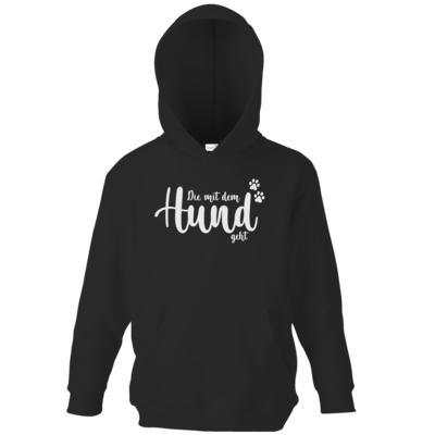 Motiv: Kids Hooded Sweat - Die mit dem Hund geht - bestimme auf Wunsch Details wie Produkt, Grösse, Farbe und Position selbst ! Motiv: Kids Hooded Sweat - Die mit dem Hund geht