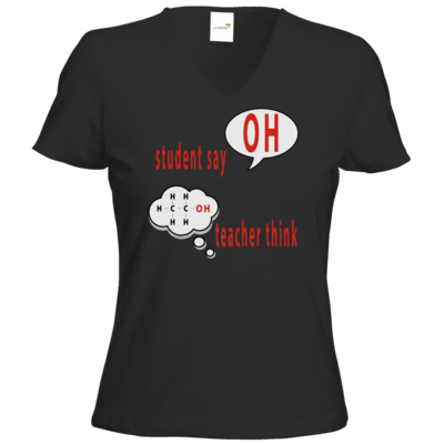 Motiv: T-Shirt Damen V-Neck Classic - OH - student say - teacher think (funktionelle Gruppe der Alkohole) - bestimme auf Wunsch Details wie Produkt, Grösse, Farbe und Position selbst ! Motiv: T-Shirt Damen V-Neck Classic - OH - student say - teacher think (funktionelle Gruppe der Alkohole)