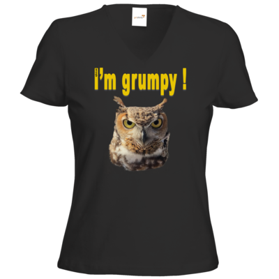 Motiv: T-Shirt Damen V-Neck Classic - I'm grumpy! (Eule) - bestimme auf Wunsch Details wie Produkt, Grösse, Farbe und Position selbst ! Motiv: T-Shirt Damen V-Neck Classic - I'm grumpy! (Eule)