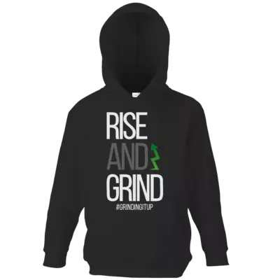 Motiv: Kids Hooded Sweat - grindingitup - rise and grind - bestimme auf Wunsch Details wie Produkt, Grösse, Farbe und Position selbst ! Motiv: Kids Hooded Sweat - grindingitup - rise and grind