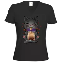 Motiv: T-Shirts Damen V-Neck FAIR WEAR - Bubbletea Katze - bestimme auf Wunsch Details wie Produkt, Grösse, Farbe und Position selbst ! Motiv: T-Shirts Damen V-Neck FAIR WEAR - Bubbletea Katze