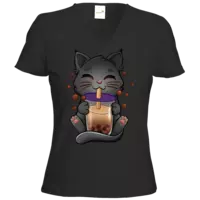 Motiv: T-Shirt Damen V-Neck Classic - Bubbletea Katze - bestimme auf Wunsch Details wie Produkt, Grösse, Farbe und Position selbst ! Motiv: T-Shirt Damen V-Neck Classic - Bubbletea Katze