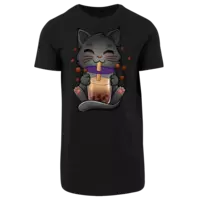 Motiv: Shaped Long Tee - Bubbletea Katze - bestimme auf Wunsch Details wie Produkt, Grösse, Farbe und Position selbst ! Motiv: Shaped Long Tee - Bubbletea Katze